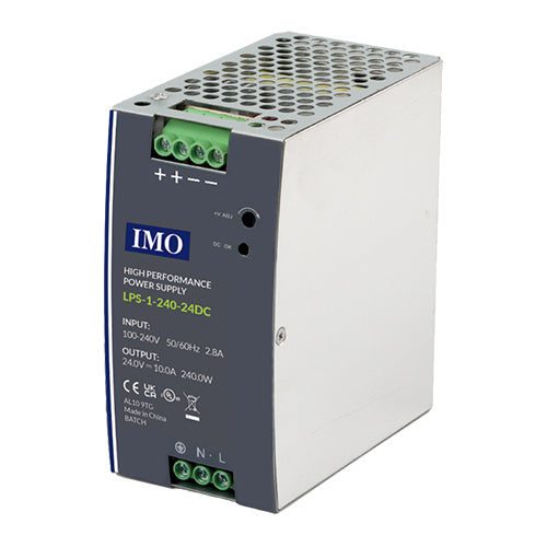 IMO LPS-1-240-24DC, LPS Series Single Phase DIN Rail Power Supply, 90-264VAC / 120-375VDC Universal Input, 240W 24VDC 10A Output, Metal Body