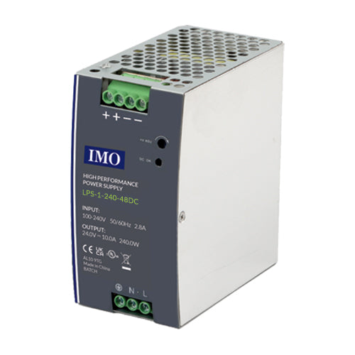 IMO LPS-1-240-48DC, LPS Series Single Phase DIN Rail Power Supply, 90-264VAC / 120-375VDC Universal Input, 240W 48VDC 5A Output, Metal Body