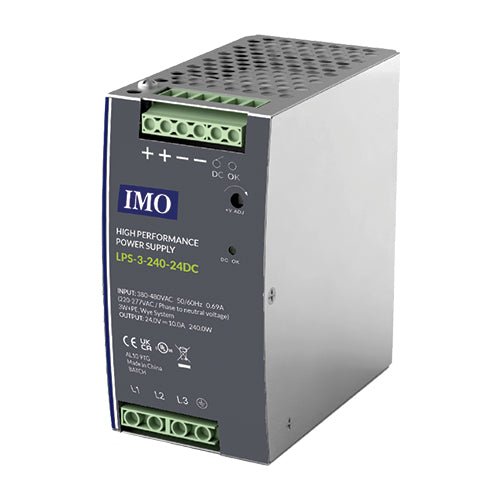 IMO LPS-3-240-24DC, LPS Series Three Phase DIN Rail Power Supply, 340-550VAC / 480-780VDC Input, 240W 24VDC 10A Output, Metal Body