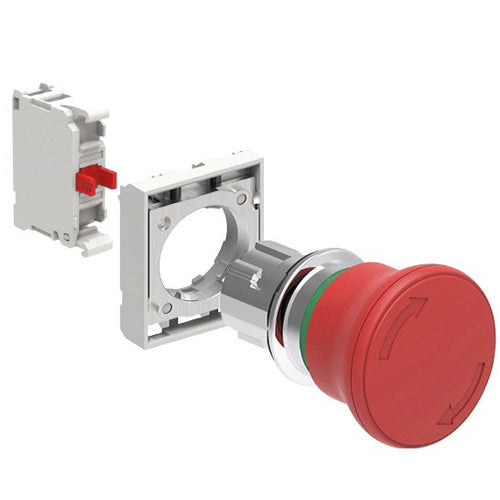 Lovato LPSB6644K01, Mushroom Head Pushbutton Actuator in Kit, Latch, Turn to Release, Ø40mm Head Diameter, For Emergency Stopping, ISO 13850 Compliant, Red, With Mounting Adapter and 1 Contact Element, NC, Screw Termination