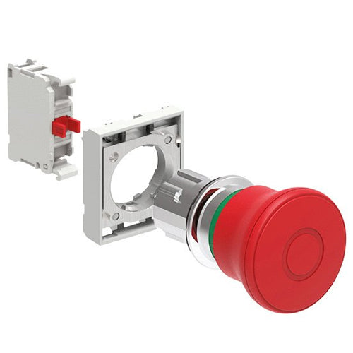 Lovato LPSB6744K01, Mushroom Head Pushbutton Actuator in Kit, Latch, Pull to Release, Ø40mm Head Diameter, For Emergency Stopping, ISO 13850 Compliant, Red, With Mounting Adapter and 1 Contact Element, NC, Screw Termination
