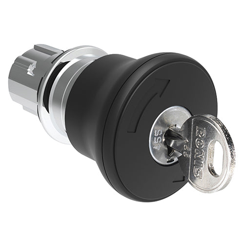 Lovato LPSB6842, Mushroom Head Pushbutton Actuator, Ø22mm Platinum Series Metal, Latch, Turn Key to Release, Ø40mm Head Diameter, For Normal Stopping, Black