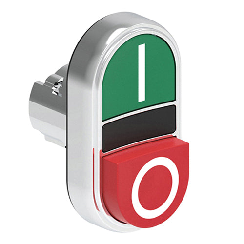 Lovato LPSB7223, Double-Touch Actuator with "I-O" Symbol, Ø22mm Platinum Series Metal, One Extended and One Flush Pushbuttons, Both Spring Return, Green/Red
