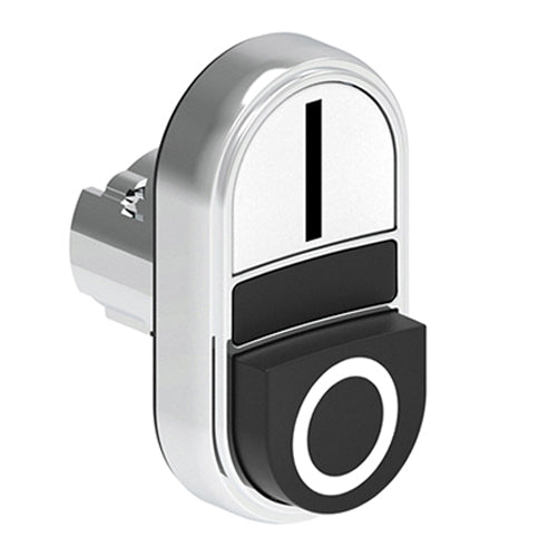 Lovato LPSB7224, Double-Touch Actuator with "I-O" Symbol, Ø22mm Platinum Series Metal, One Extended and One Flush Pushbuttons, Both Spring Return, White/Black