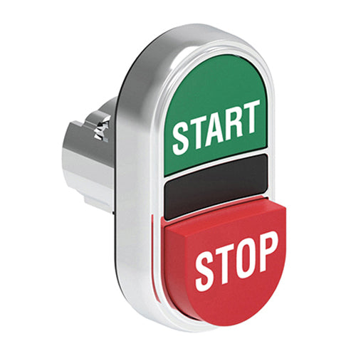 Lovato LPSB7233, Double-Touch Actuator with "START-STOP" Symbol, Ø22mm Platinum Series Metal, One Extended and One Flush Pushbuttons, Both Spring Return, Green/Red