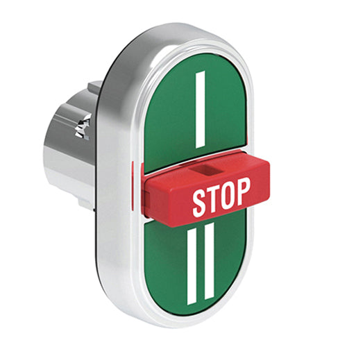 Lovato LPSB7345, Triple-Touch Actuator with "I-STOP-II" Symbol, Ø22mm Platinum Series Metal, Two External Flush and One Middle Extended Pushbuttons, Spring Return, Green/Red/Green