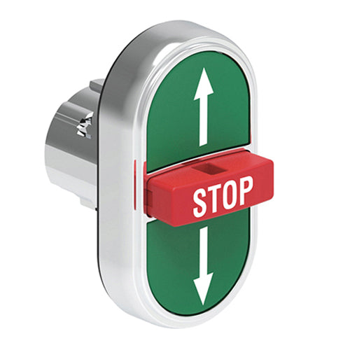 Lovato LPSB7355, Triple-Touch Actuator with "Up Arrow/STOP/Down Arrow" Symbol, Ø22mm Platinum Series Metal, Two External Flush and One Middle Extended Pushbuttons, Spring Return, Green/Red/Green