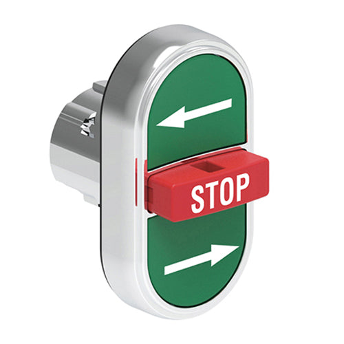 Lovato LPSB7365, Triple-Touch Actuator with "Right Arrow/STOP/Left Arrow" Symbol, Ø22mm Platinum Series Metal, Two External Flush and One Middle Extended Pushbuttons, Spring Return, Green/Red/Green