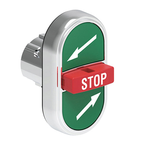 Lovato LPSB7375, Triple-Touch Actuator with "Top Right Arrow/STOP/Bottom Left Arrow" Symbol, Ø22mm Platinum Series Metal, Two External Flush and One Middle Extended Pushbuttons, Spring Return, Green/Red/Green
