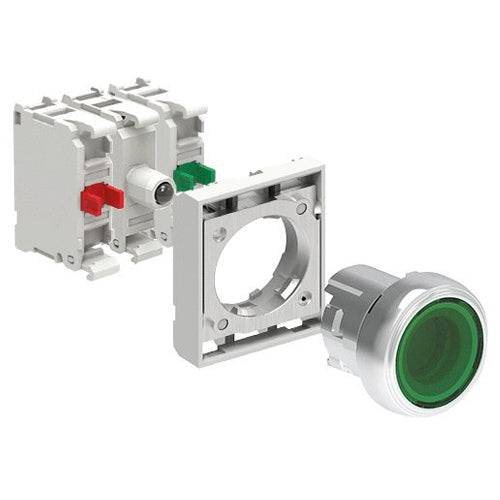 Lovato LPSBL103K11PM3, Illuminated Button Actuator in Kit, Spring Return, Flush, Green, With Mounting Adapter and Two Contact Elements, 1NO+1NC, Screw Termination, LED Integrated Lamp-Holder, Steady Light, 185…265VAC/DC