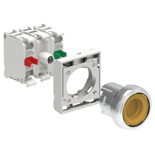 Lovato LPSBL105K11PB5, Illuminated Button Actuator in Kit, Spring Return, Flush, Yellow, With Mounting Adapter and Two Contact Elements, 1NO+1NC, Screw Termination, LED Integrated Lamp-Holder, Steady Light, 12...30VAC/DC