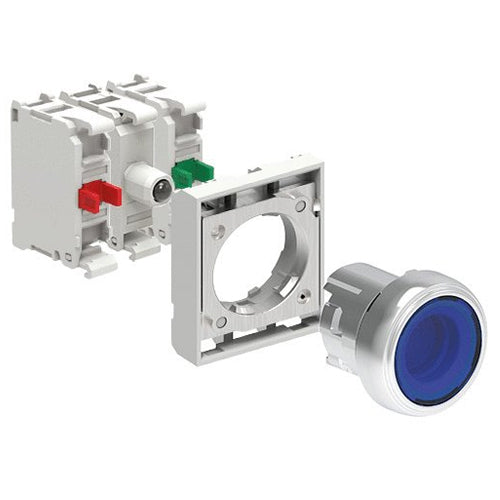Lovato LPSBL106K11PB6, Illuminated Button Actuator in Kit, Spring Return, Flush, Blue, With Mounting Adapter and Two Contact Elements, 1NO+1NC, Screw Termination, LED Integrated Lamp-Holder, Steady Light, 12...30VAC/DC