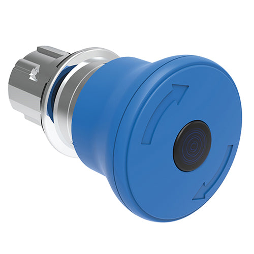 Lovato LPSBL6646, Illuminated Mushroom Head Button Actuator, Ø22mm Platinum Series Metal, Latch, Turn To Release, For Normal Stopping, Ø40mm Head Diameter, Blue