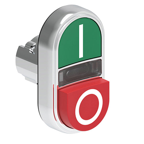 Lovato LPSBL7223, Double-Touch Actuator with "I-O" Symbol, Ø22mm Platinum Series Metal, One Extended and One Flush Pushbuttons, Both Spring Return, Green/Red