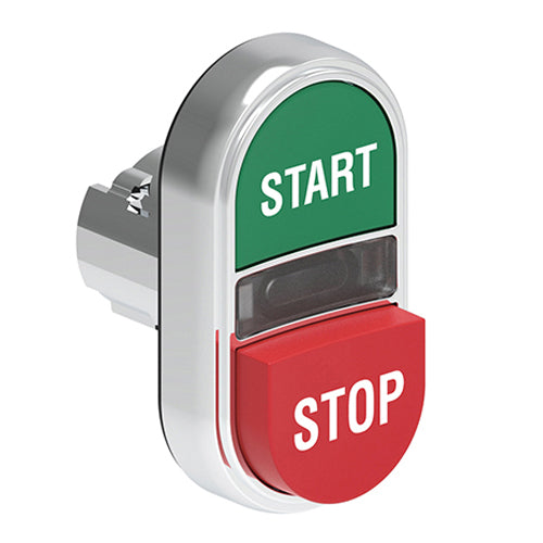 Lovato LPSBL7233, Double-Touch Actuator with "START-STOP" Symbol, Ø22mm Platinum Series Metal, One Extended and One Flush Pushbuttons, Both Spring Return, Green/Red