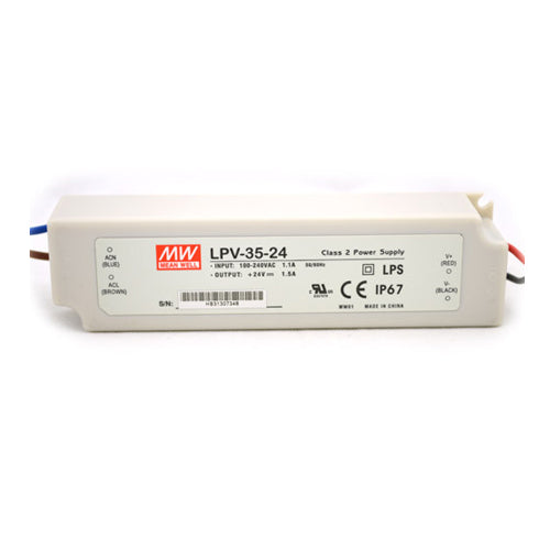 Mean Well LPV-35-24, 35W Single Output Switching LED Power Supply, 90-264VAC/127-370VDC Input, 24VDC Output, 1.5 Amps