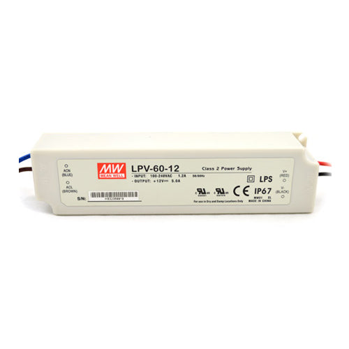 Mean Well LPV-60-12, 60W Single Output Switching LED Power Supply, 90-264VAC/127-370VDC Input, 12VDC 5Amps Output