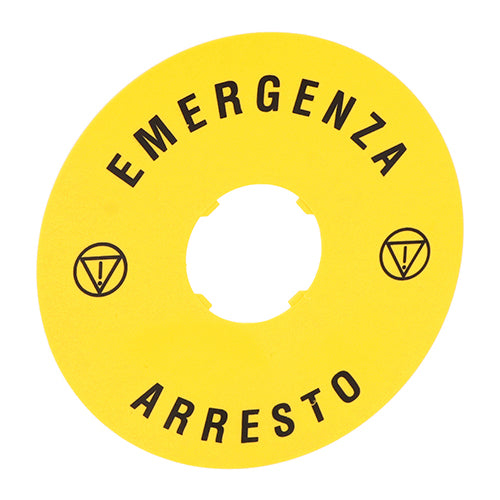 Lovato LPXAU112, Plastic Disk for Mushroom Head Pushbuttons, ''EMERGENCY ARRESTO'' Text, Ø90mm/3.5in, 2 Packs