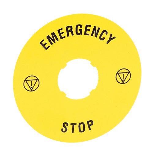 Lovato LPXAU113, Plastic Disk for Mushroom Head Pushbuttons, ''EMERGENCY STOP'' Text, Ø90mm/3.5in, 2 Packs