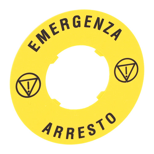 Lovato LPXAU114, Plastic Disk for Mushroom Head Pushbuttons, ''EMERGENCY ARRESTO'' Text, Ø60mm/2.4in, 2 Packs