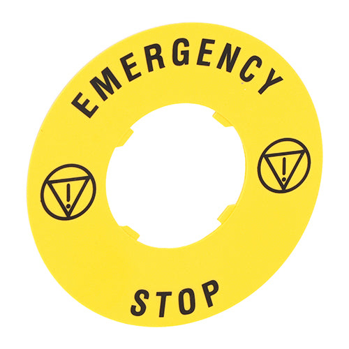 Lovato LPXAU115, Plastic Disk for Mushroom Head Pushbuttons, ''EMERGENCY STOP'' Text, Ø60mm/2.4in, 2 Packs