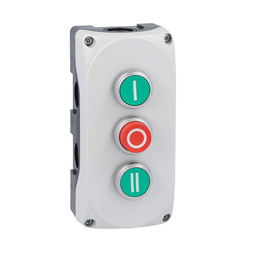 Lovato LPZP3B8903, Grey Control Station LPZP3A8 Complete with Green Flush Pushbutton ''I'' LPCB1113 1NO, Red Extended Pushbutton ''O'' LPCB2104 1NC and Green Flush Pushbutton ''II'' LPCB1123 1NO