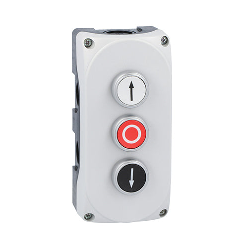 Lovato LPZP3B8906, Grey Control Station LPZP3A8 Complete with White Flush Pushbutton ''UP ARROW'' LPCB1158 1NO, Red Flush Pushbutton'' O'' LPCB1104 1NC and White Flush Pushbutton ''DOWN ARROW'' LPCB1152 1NO