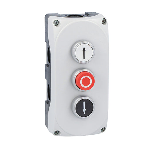 Lovato LPZP3B8907, Grey Control Station LPZP3A8 Complete With White Flush Pushbutton ''UP ARROW'' LPCB1158 1NO, Red Extended Pushbutton'' O'' LPCB2104 1NC and White Flush Pushbutton ''DOWN ARROW'' LPCB1152 1NO