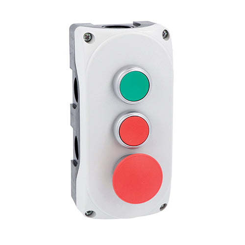 Lovato LPZP3B8912, Grey Control Station LPZP3A8 Complete with Green Flush Pushbutton LPCB103 1NO, Red Flush Pushbutton LPCB104 1NC and Mushroom Pushbutton Spring Return LPCB6144 1NC