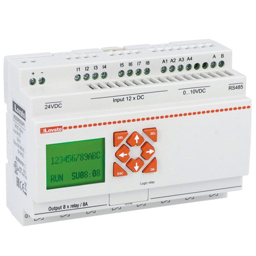 Lovato LRD20RD024P1, Micro PLC, Base Module with Built-In RS485 Communication Port, Auxiliary Supply Voltage 24VDC, 12 Inputs/8 Outputs Relay