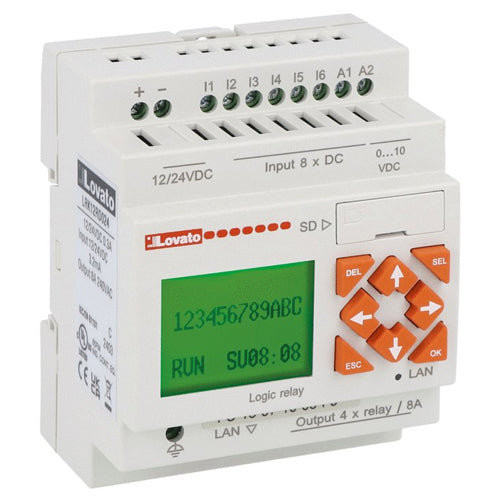 Lovato LRK12RD024, Micro PLC, Base Module with Display, Auxiliary Supply Voltage 12/24VDC, 8 Inputs/4 Outputs Relay, Built-In Ethernet Port