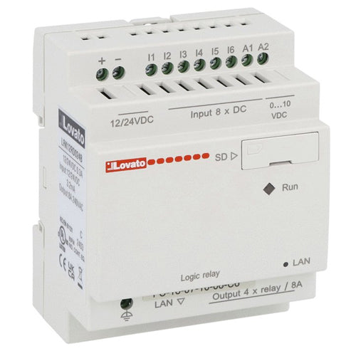 Lovato LRK12RD024B, Micro PLC, Base Module without Display, Auxiliary Supply Voltage 12/24VDC, 8 Inputs/4 Outputs Relay, Built-In Ethernet Port