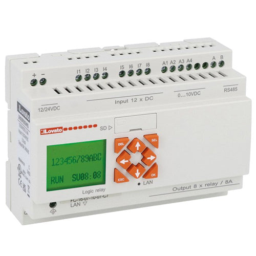 Lovato LRK20RD024RS, Micro PLC, Base Module with Display, Auxiliary Supply Voltage 12/24VDC, 12 Inputs/8 Outputs Relay, Built-In Ethernet and RS485 Port