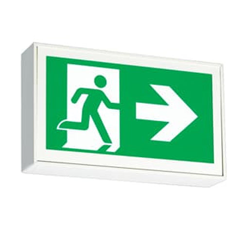 ABB Lumacell LS1WU, Single Face Steel Pictogram Exit Sign, Universal Mounting, Input 120-347VAC or 6-24VDC, Self Powered LED with Battery Backup, White