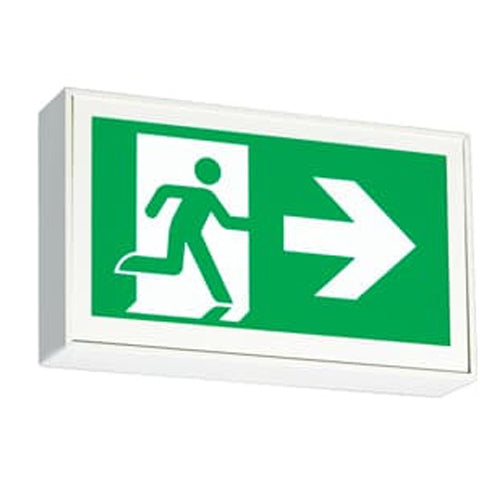 ABB Lumacell LS2WU, Double Face Steel Pictogram Exit Sign, Universal Mounting, Input 120-347VAC or 6-24VDC, Self Powered LED with Battery Backup, White