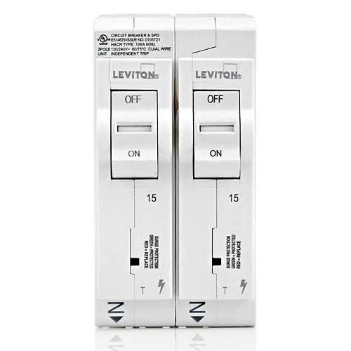 Leviton LSPD1-T, Two 15A Standard Branch Circuit Breakers with Thermal Magnetic Trip Technology and Plug-On Installation Offering Type-1 Surge Protection for the Entire Home, 120V, White