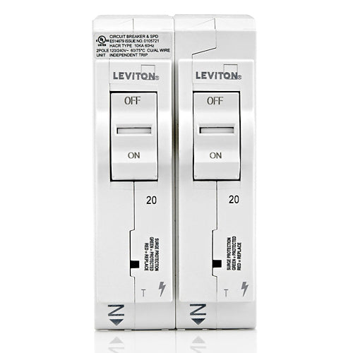 Leviton LSPD2-T, Two 20A Standard Branch Circuit Breakers with Thermal Magnetic Trip Technology and Plug-On Installation Offering Type-1 Surge Protection for the Entire Home, 120V, White