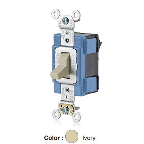 Leviton M1201-I, Lev-Lok Modular Standard Single Pole AC Toggle Switch, Extra Heavy-Duty Industrial Specification Grade, 15A 120/277V, Self Grounding, Ivory
