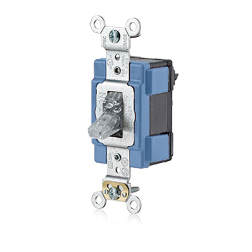 Leviton M1201-LHC, Lev-Lok Modular Single Pole AC Illuminated Toggle Switch, Extra Heavy-Duty Industrial Specification Grade, 15A 120/277V, Self Grounding, Clear