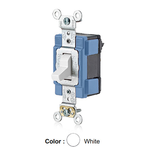 Leviton M1201-LHW, Lev-Lok Modular Single Pole AC Illuminated Toggle Switch, Extra Heavy-Duty Industrial Specification Grade, 15A 120/277V, Self Grounding, White