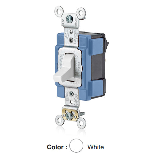 Leviton M1203-W, Lev-Lok Modular Standard 3-Way AC Toggle Switch, Extra Heavy-Duty Industrial Specification Grade, 15A 120/277V, Self Grounding, White
