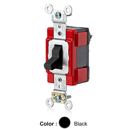 Leviton M1223-E, Lev-Lok Modular Standard 3-Way AC Toggle Switch, Extra Heavy-Duty Industrial Specification Grade, 20A 120/277V, Self Grounding, Black
