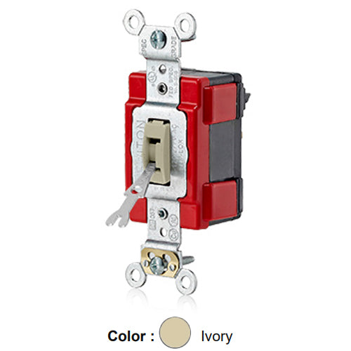 Leviton M1221-IL, Lev-Lok Modular Single Pole AC Tamper-Resistant (Key) Toggle Switch, Extra Heavy-Duty Industrial Specification Grade, 20A 120/277V, Self Grounding, Ivory