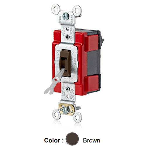 Leviton M1221-L, Lev-Lok Modular Single Pole AC Tamper-Resistant (Key) Toggle Switch, Extra Heavy-Duty Industrial Specification Grade, 20A 120/277V, Self Grounding, Brown