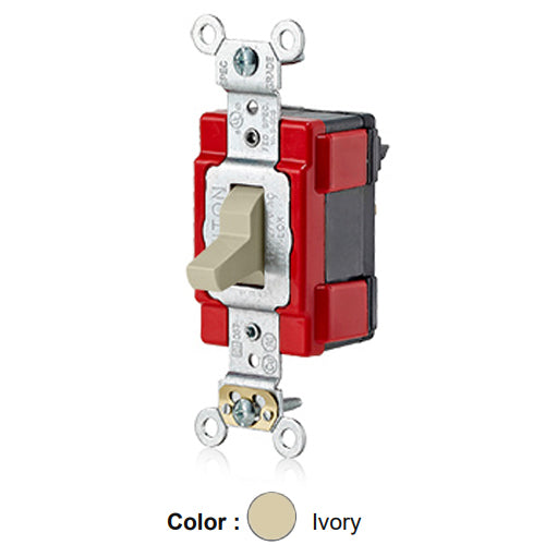 Leviton M1221-LHI, Lev-Lok Modular Single Pole AC Illuminated Toggle Switch, Extra Heavy-Duty Industrial Specification Grade, 20A 120/277V, Self Grounding, Ivory
