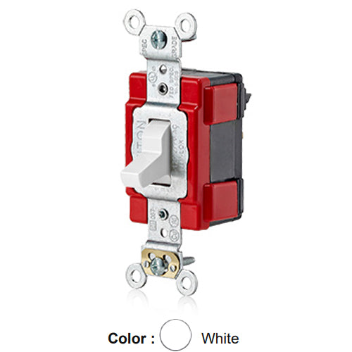 Leviton M1221-LHW, Lev-Lok Modular Single Pole AC Illuminated Toggle Switch, Extra Heavy-Duty Industrial Specification Grade, 20A 120/277V, Self Grounding, White