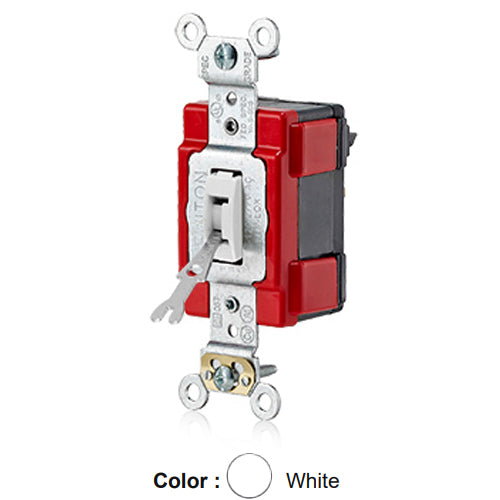 Leviton M1221-WL, Lev-Lok Modular Single Pole AC Tamper-Resistant (Key) Toggle Switch, Extra Heavy-Duty Industrial Specification Grade, 20A 120/277V, Self Grounding, White