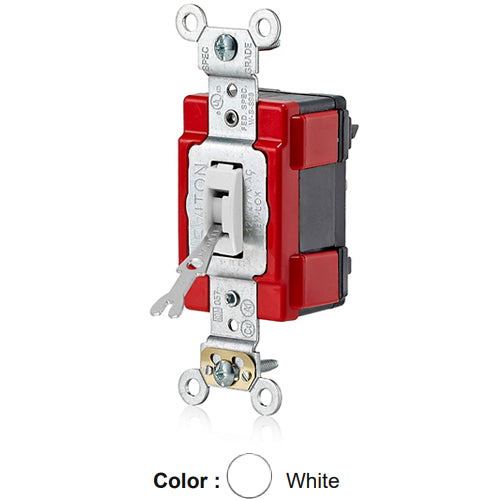 Leviton M1223-WL, Lev-Lok Modular 3-Way AC Tamper-Resistant (Key) Toggle Switch, Extra Heavy-Duty Industrial Specification Grade, 20A 120/277V, Self Grounding, White