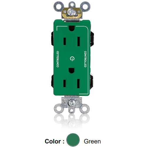 Leviton M1626-2SN, Lev-Lok Decora Plus Straight Blade Duplex Receptacle, Heavy-Duty  Industrial Specification Grade, Two Outlets Marked ''Controlled'', Smooth Face, 15A 125V, NEMA 5-15R, 2-Pole, 3-Wire, Modular Terminals, Green