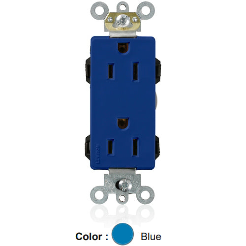 Leviton M1626-B, Lev-Lok Decora Plus Straight Blade Duplex Receptacle, Heavy-Duty Industrial Specification Grade, Smooth Face, 15A 125V, NEMA 5-15R, 2-Pole, 3-Wire, Modular Terminals, Blue